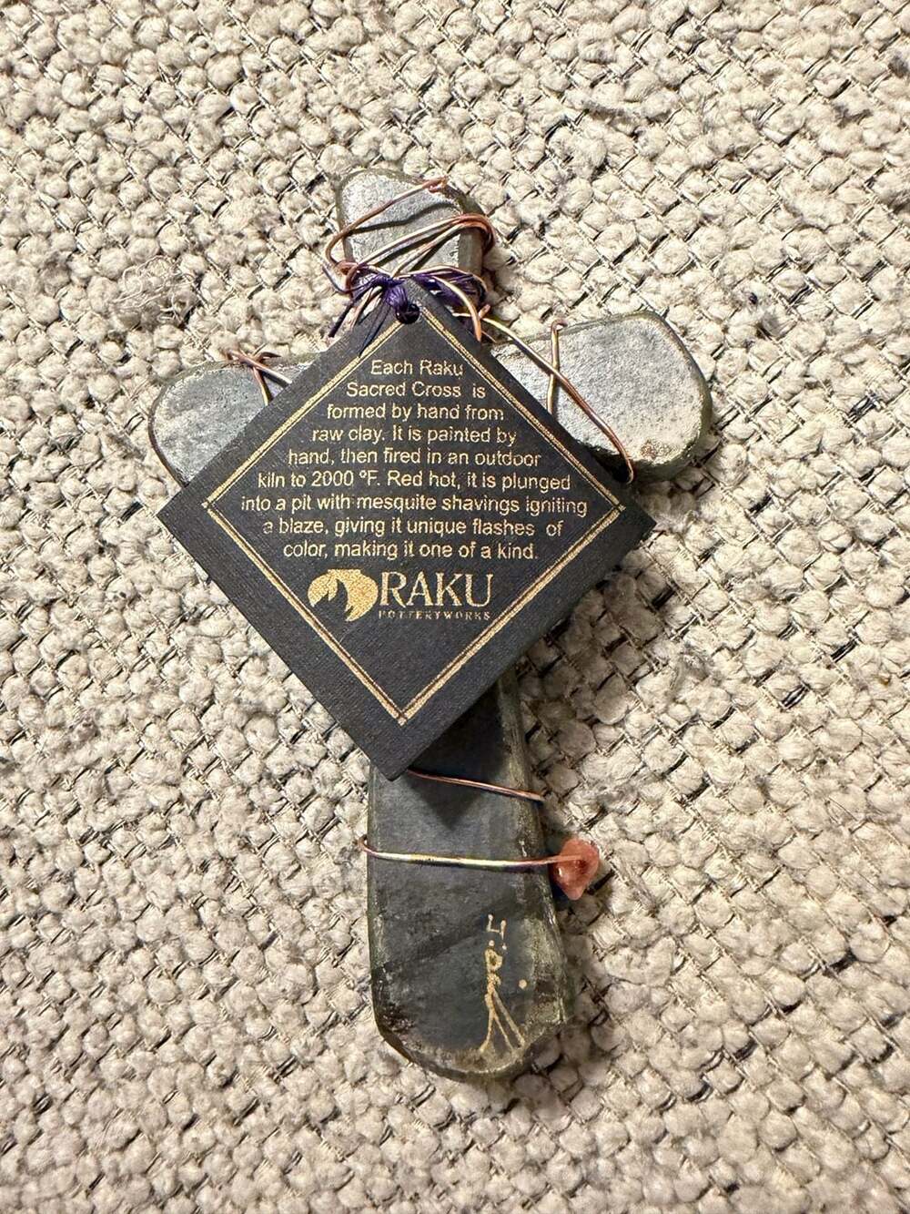 Jeremy Diller Raku Potteryworks small Sacred Cross Wall Art with Gemstones - Picture 2 of 6
